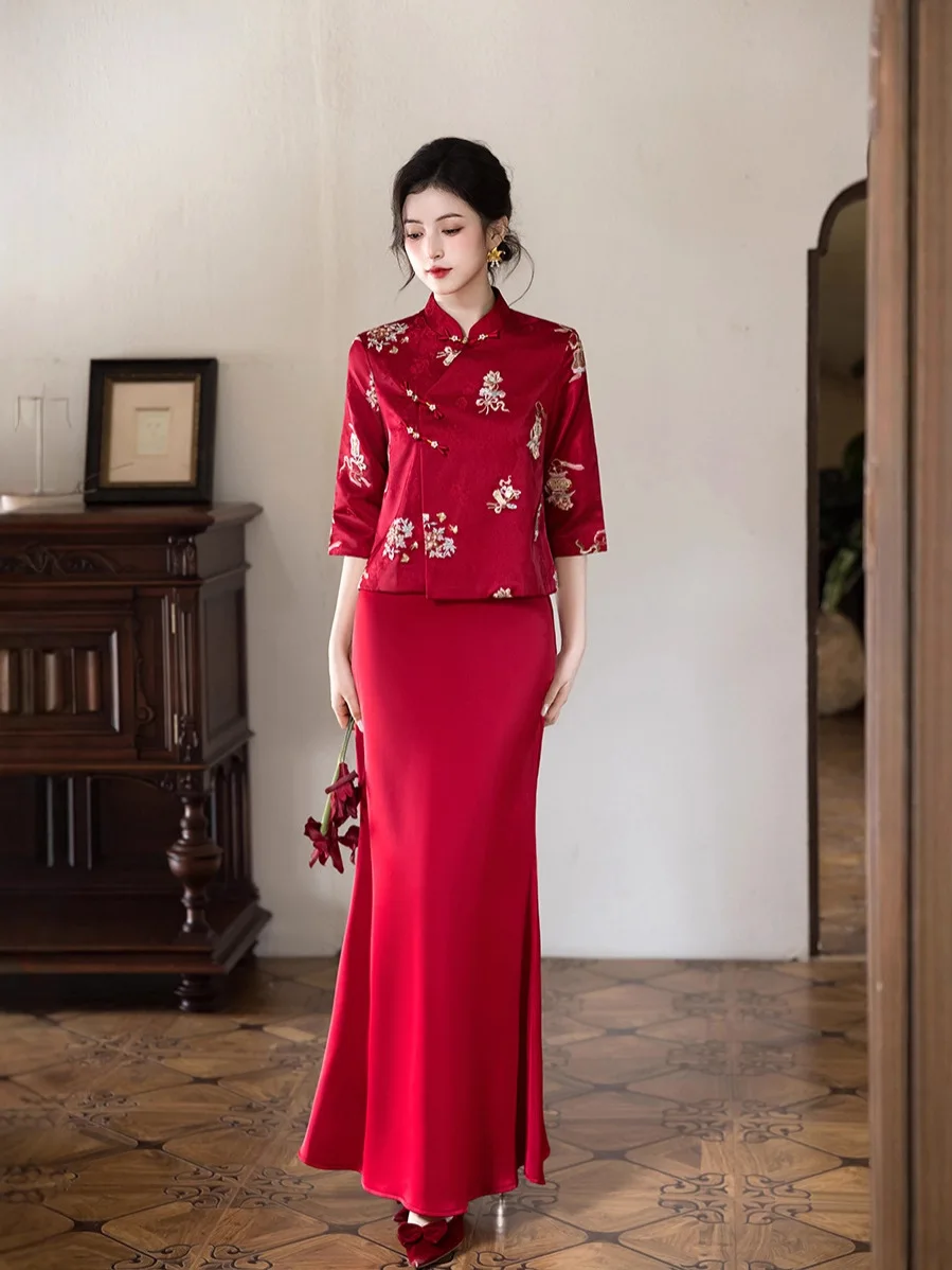 

New Qipao 2025 Autumn/winter Chinese Style Elegant Temperament Long Knitted Jacquard Slim Red Wedding Dress Set Qipao
