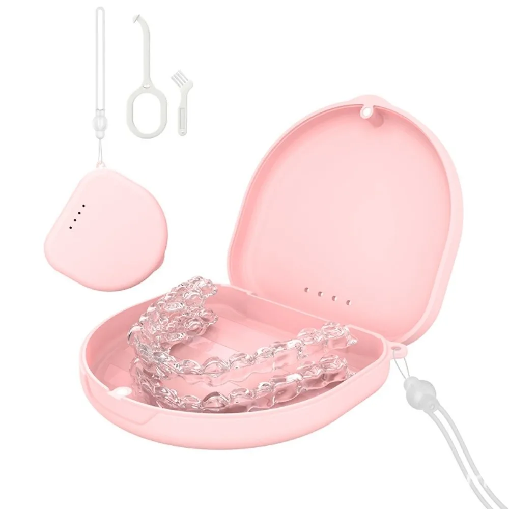 Portable Dental Retainer Case with Lanyard Solid Color Orthodontic Braces Storage Box Multifunctional Vent Holes