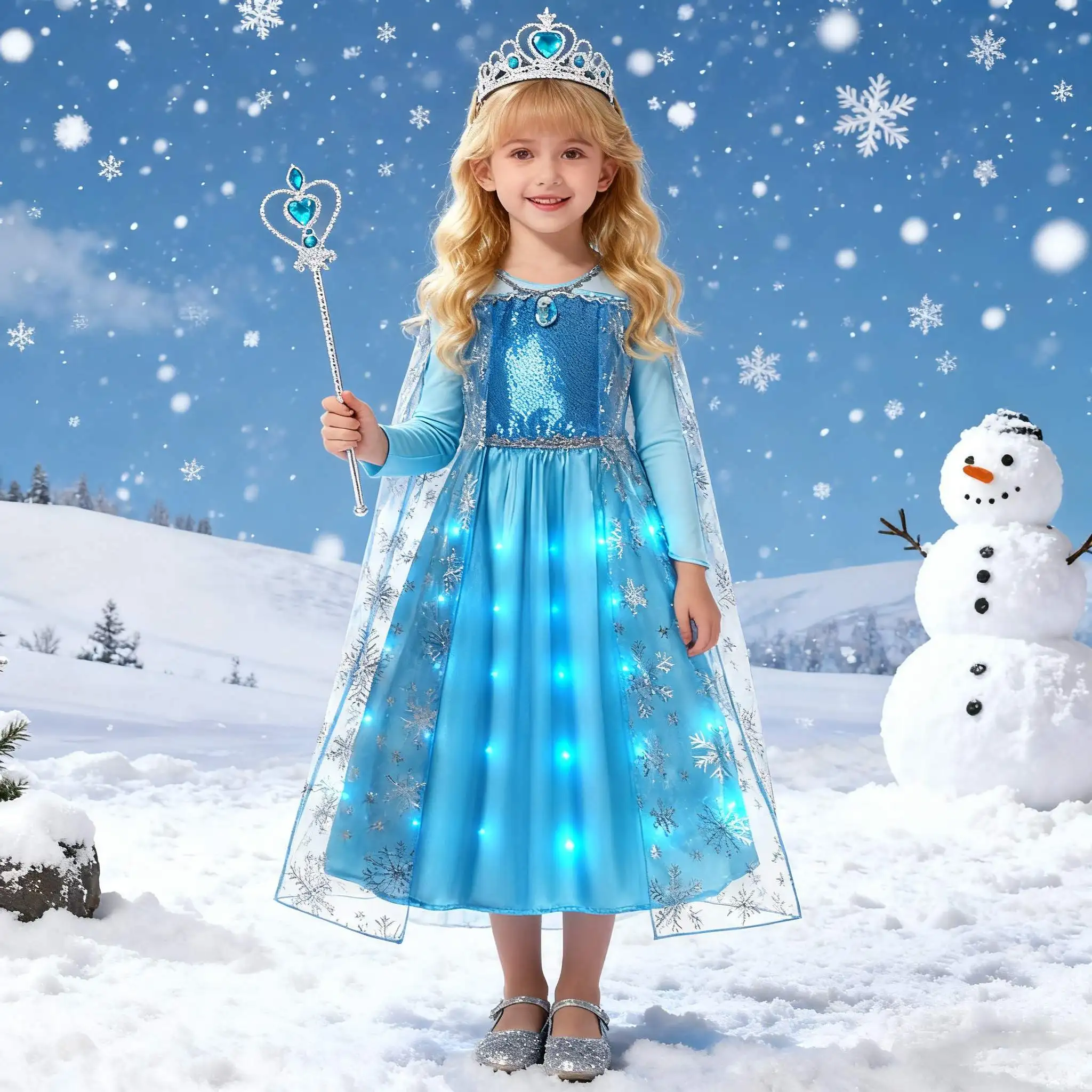 Kinder LED Leuchten Kleid Mädchen Kinder Blau Elsa Cosplay Kostüm Karneval Geburtstag Party Kleidung Halloween Kostüm Abendkleid