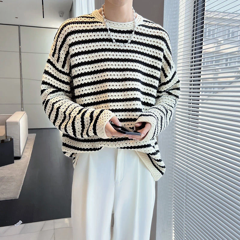 Autumn Winter Hollow Out Striped Long Sleeve Men O Neck Knitted Sweater Vintage Fashion Casual High Street Oversized Tops White