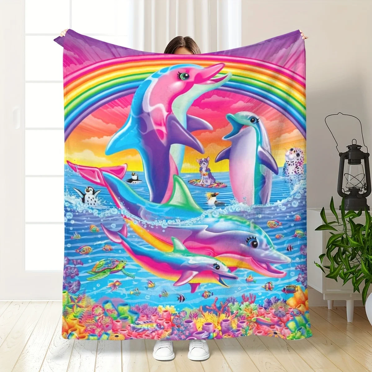 Colorful Dolphin and Marine Life Flannel Throw Blanket - Soft, Warm, Tear-Resistant, All-Season Comfort for Couch,Bed,or Camping