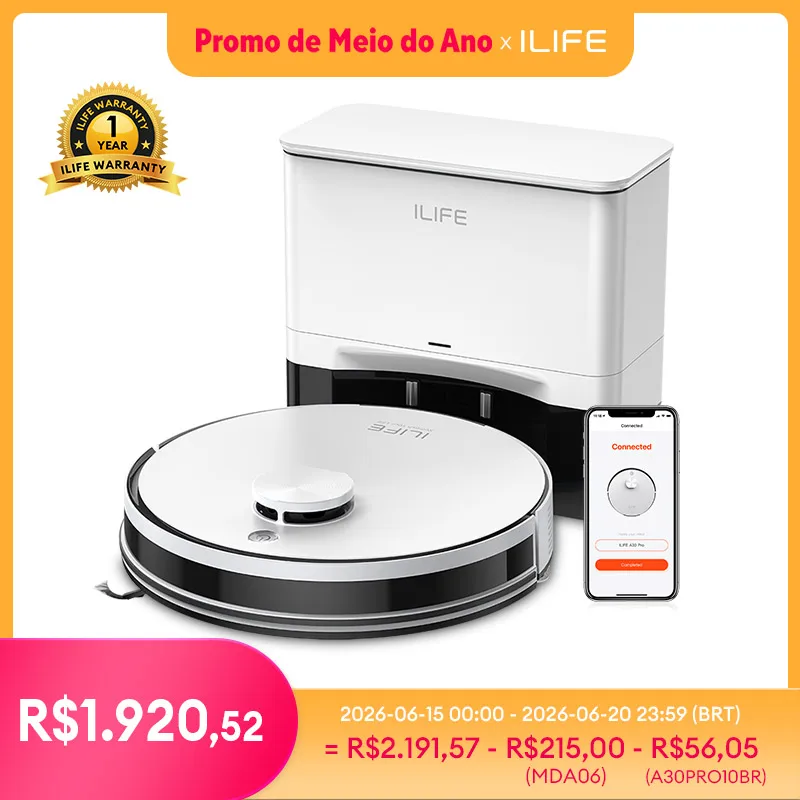 ILIFE A30 PRO Aspirador e Mopa Robô com 5000Pa de Potência, Autoesvaziamento, Capacidade para 60 dias, Controle por App/Controle