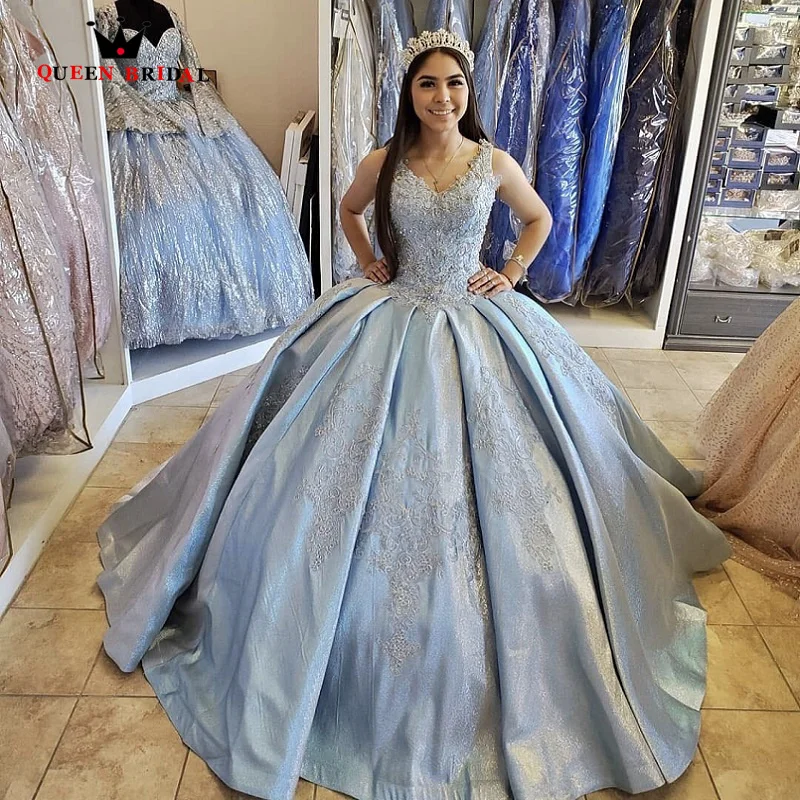 

Light Blue Quinceanera Dress V-Neck Spaghetti Strap Sequins Beads Lace Up Princess Sweet 16 Ball Gown Vestidos De 15 Años VF38