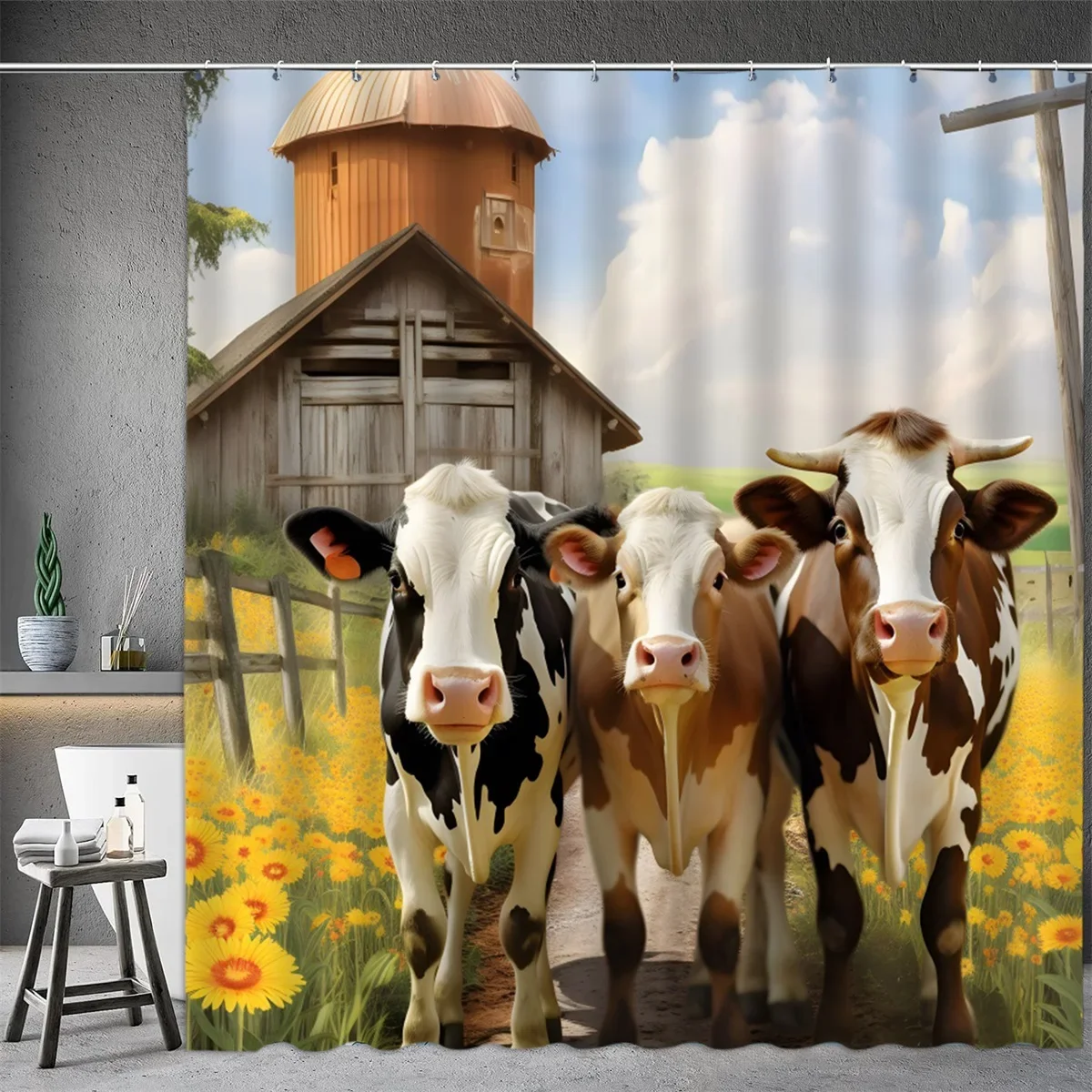 Cortina de ducha de animales de granja, pintura al óleo, granja, puerta de Granero, burro, vaca, cerdo, girasol, Primavera, Partición de bañera, decoración de baño