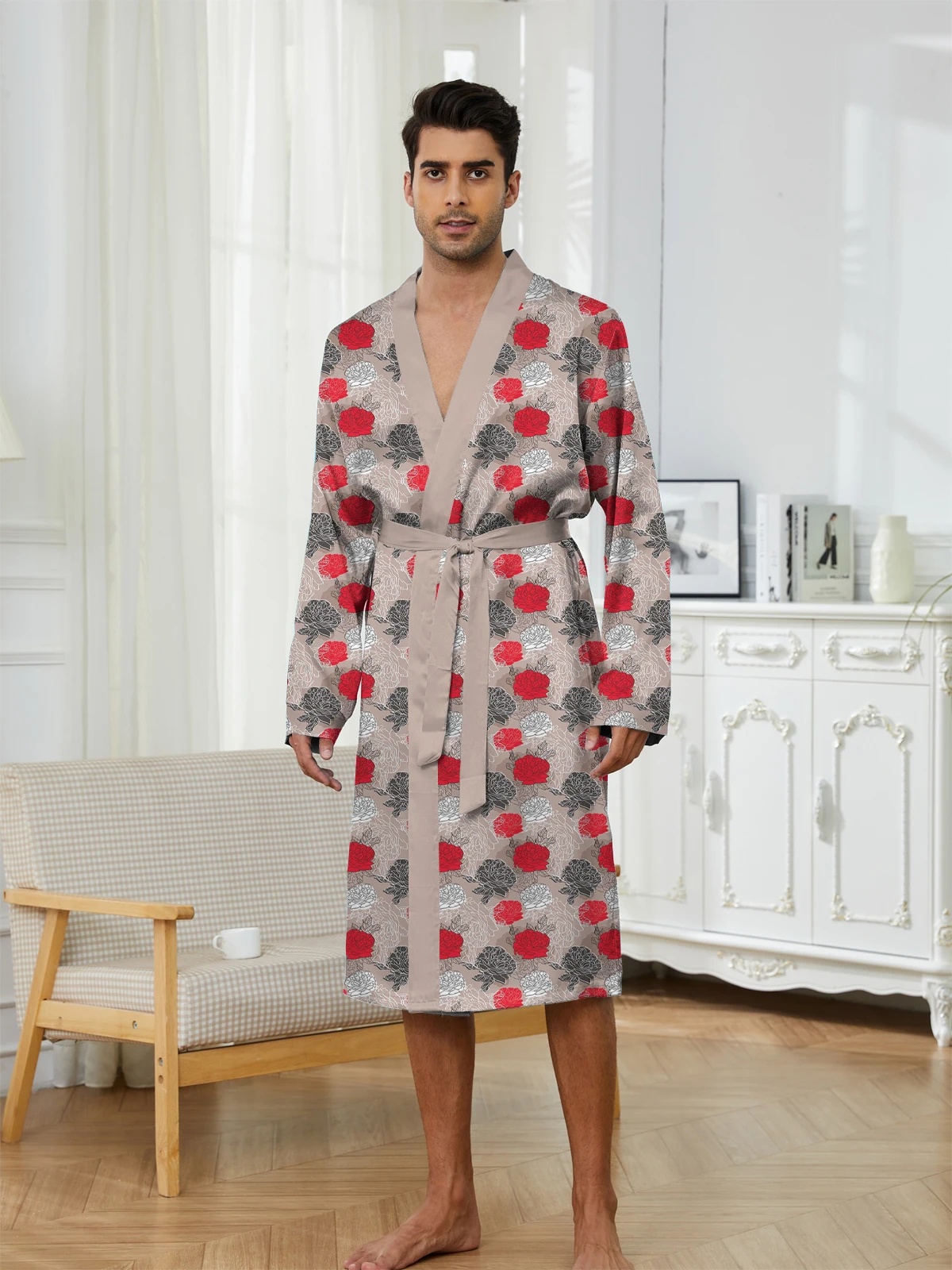 رداء نوم رجالي للربيع والخريف بنمط ورود مطبوعة رقمية، نمط منزلي رفيع، ملابس نوم غير رسمية عصرية سريعة الجفاف #1