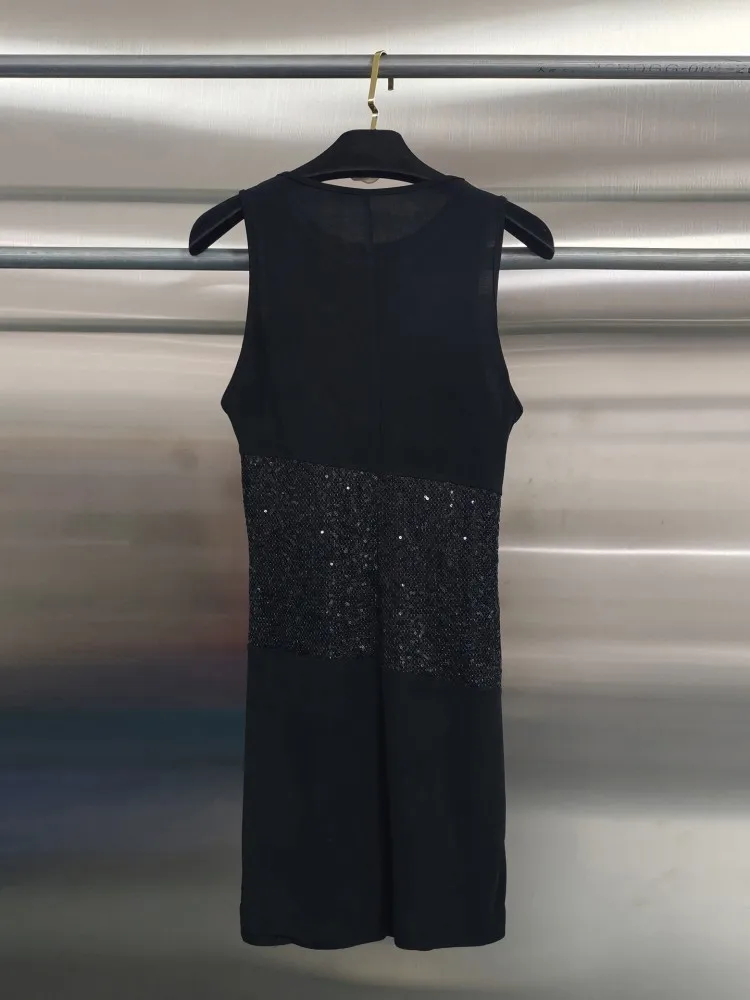 Concise Fashion Round Neck Ladies Solid Color Regular Fit Dress Cool Summer Sleeveless Sequins High Quality Female Dresses