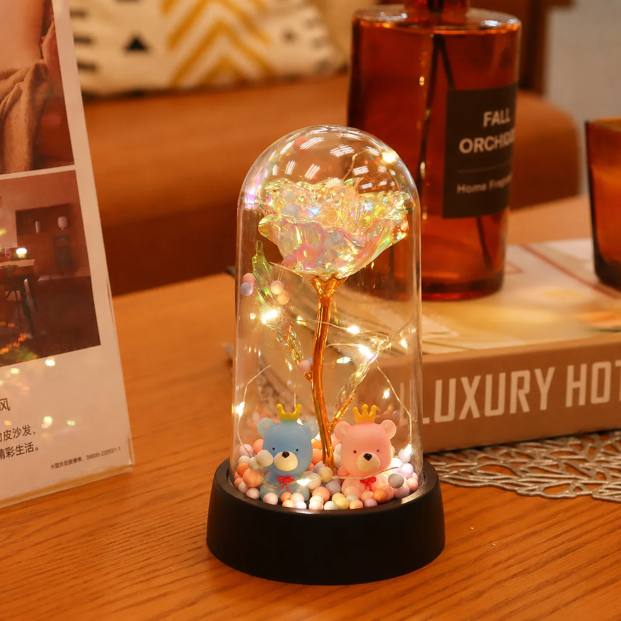 Führte Valentinstag Geschenk für Freundin ewige Rose Licht 24 Karat Goldfolie Blume in Glas abdeckung Muttertag Hochzeit Brautjungfer Geschenk