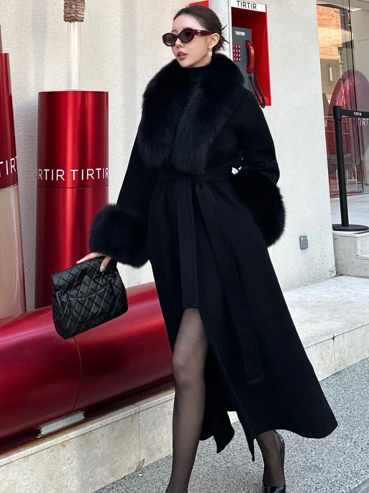 Women Solid Faux Fur Woolen Long Coats Patchwork V-neck Full