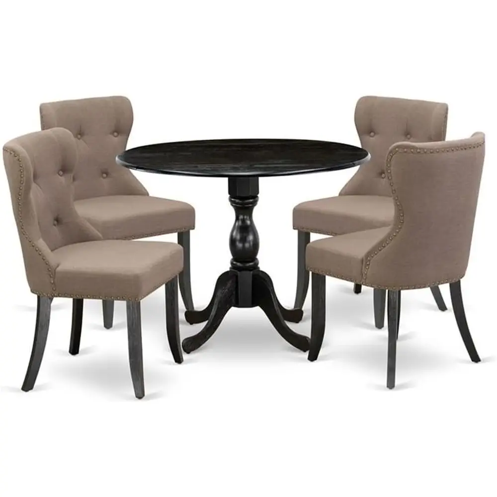 5-Piece Kitchen Table Set with 4 Linen Fabric Chairs, 42x42 Inch, Wirebrushed Black Finish
