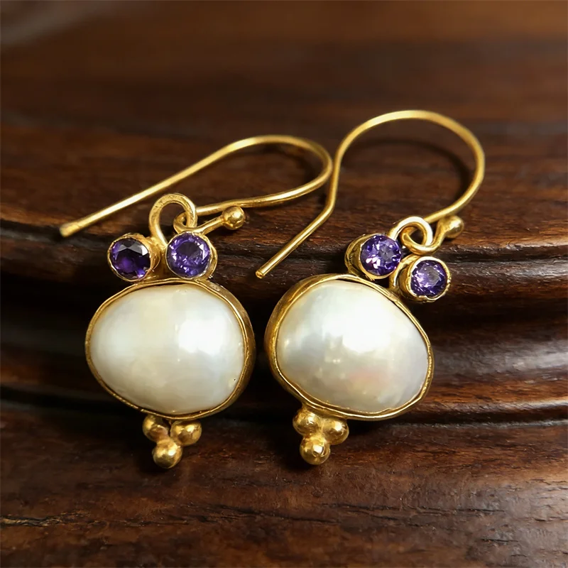 Vintage Oval Inlaid White Stone Earrings Classic Gorgeous Gold Color Metal Purple Zircon Dangle Earrings Jewelry
