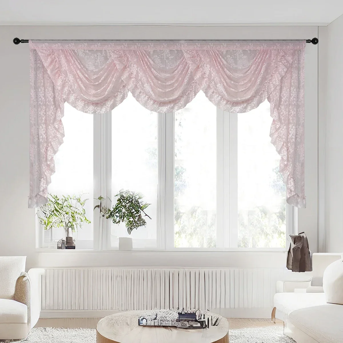 1PC Pink Flower Ripple Curtain Head for Living Room Sheer Lace Valance Girls Princess Bedroom Home Decoration Modern and Simple