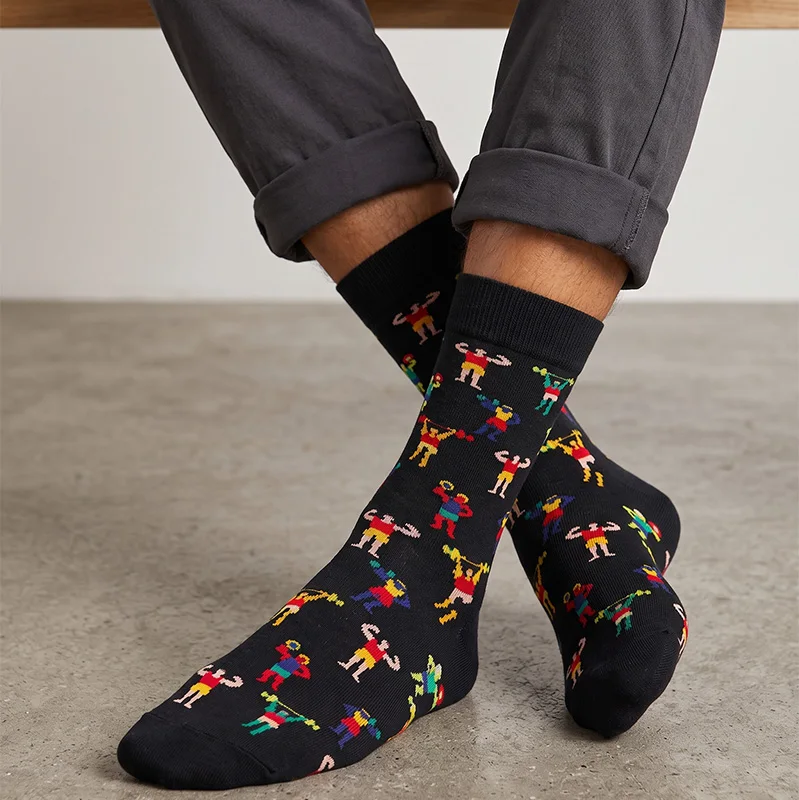 1 Pair of Unisex Socks with Black Background and Colorful Cartoon Muscle Man Prints, Sweat-Absorbent and Breathable, Quirky and Trendy Socks for Sports, Fitness, and Everyday Wear