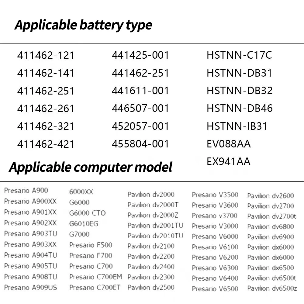Laptop Battery for HP Pavilion DV2000 DV2100 dv2200 dv2400 dv6000 dv6100 dv6300 dv6500 dv6700 Compaq Presario C700 Battery
