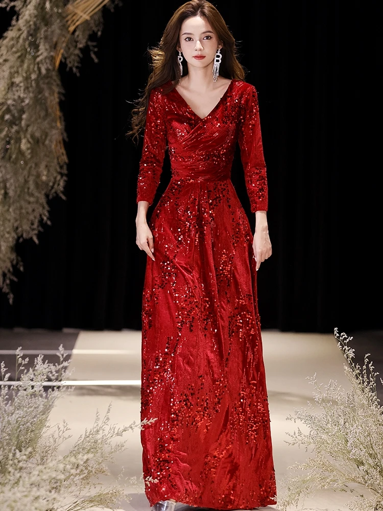 Vestidos de lentejuelas rojo vino para madre de la novia, elegante cuello en V, línea A, largo hasta el suelo, vestidos para ocasiones especiales para mujer