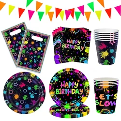 Neon Party Paper Plate Cups Napkins Tableware Neon Birthday Party Decor Tablecloth Gift Bag Glow in the Dark Birthday Supplies