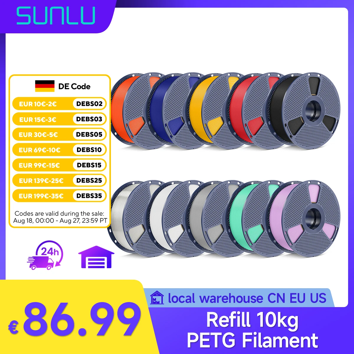 SUNLU filament PETG 10kg recharge 10 rouleaux pour laboratoire Bambu filament PETG PETG/ABS/TPU/PLA imprimante 3D Filament sèche boîte expédition rapide