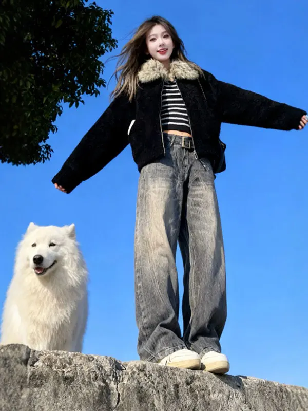 

Chic Bla Lamb Fur ort Jaet Gentle Sle Faionable Winter Coat Zipper Closure Women's Premium Faion Outerwear