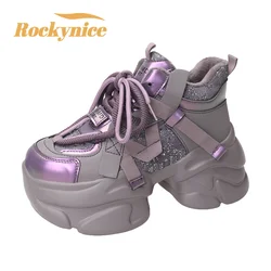 Inverno donna Chunky Warm Fur Sneakers 8CM High Platform Sports Dad Shoes donna Bling Leather Casual Snow Shoes Zapatillas Mujer