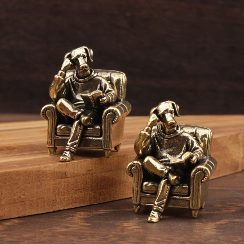 Brass Noble Puppy Reading Book Figurine, Hot-selling Cross-border Product, Metal Animal Statue Model Figure