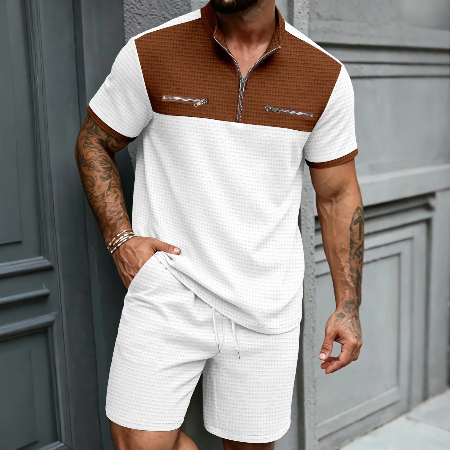 

Summer Fashion Men Two Piece Tracksuit Breathable Color Block Big Plaid Half Zip Stand Collar Short Tee Shorts Daily Wear