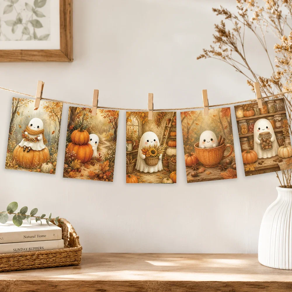 32pcs, Warm Brown Autumn Ghost Postcards, Wall Stickers, Mailing Cards, Greeting Cards, DIY Postcards, Commemorative Postcards, image 4