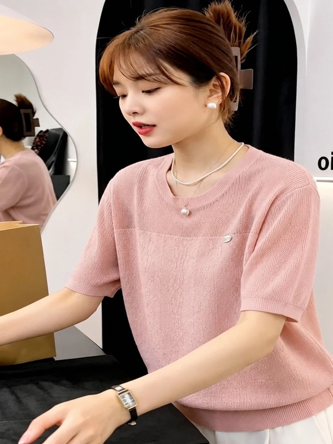 

Korean Style Sweet Short Sleeve Knitwear round Neck Slimming Top for Women Commute Friendly Versatile Soft Style Summer Shirt