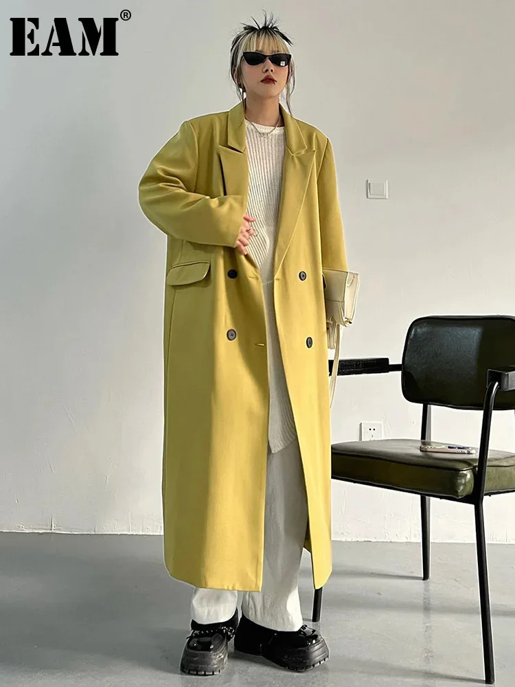 EAM Yellow Big Size Length Blazer Women New Notched Long Sleeve Loose Fit Jacket Fashion Tide Spring Autumn 2024 30A1839