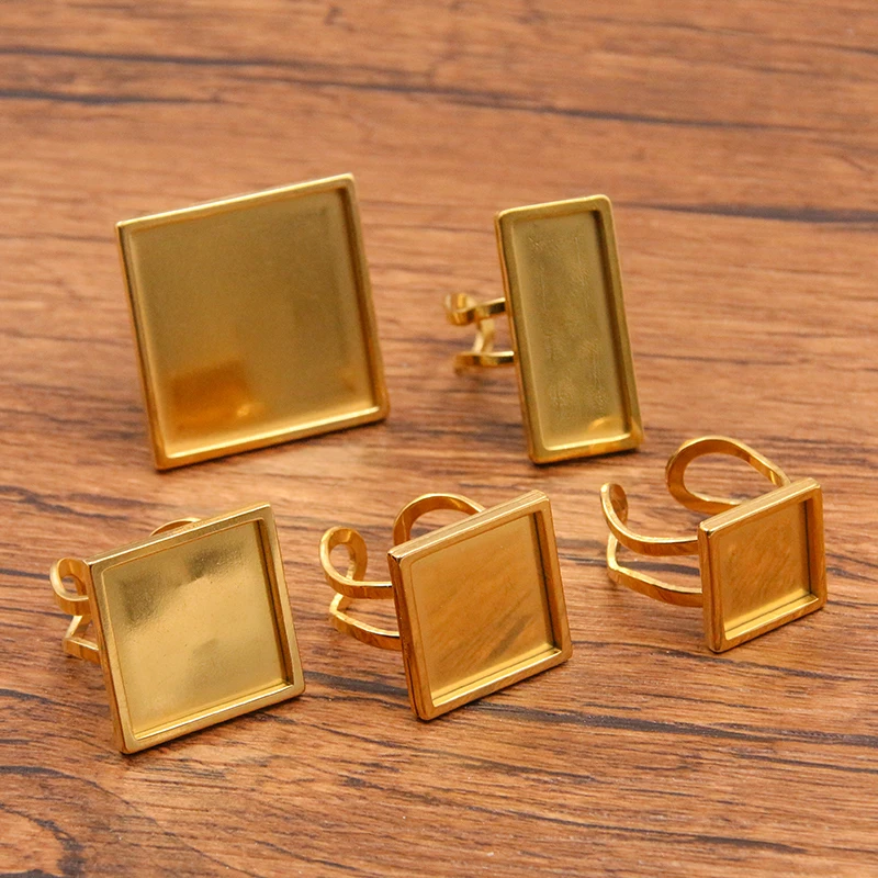 2Pcs Stainless Steel Silver Gold Color Square Rectangle Cabochon Adjustable Rings Bezel Blanks Diy Jewelry Making Accessories