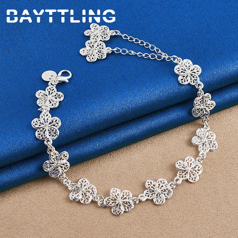 

925 Sterling Silver 8 Inches Luxury Openwork Flowers Bracelet Jewelry For Fashion Party Charm Accessories Wedding Women