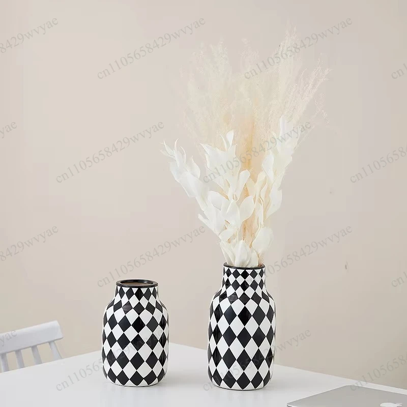 Nordic Black White Checkered Ceramic Vase, Modern Handcrafted Home Decor for Living Room, Office & Showroom