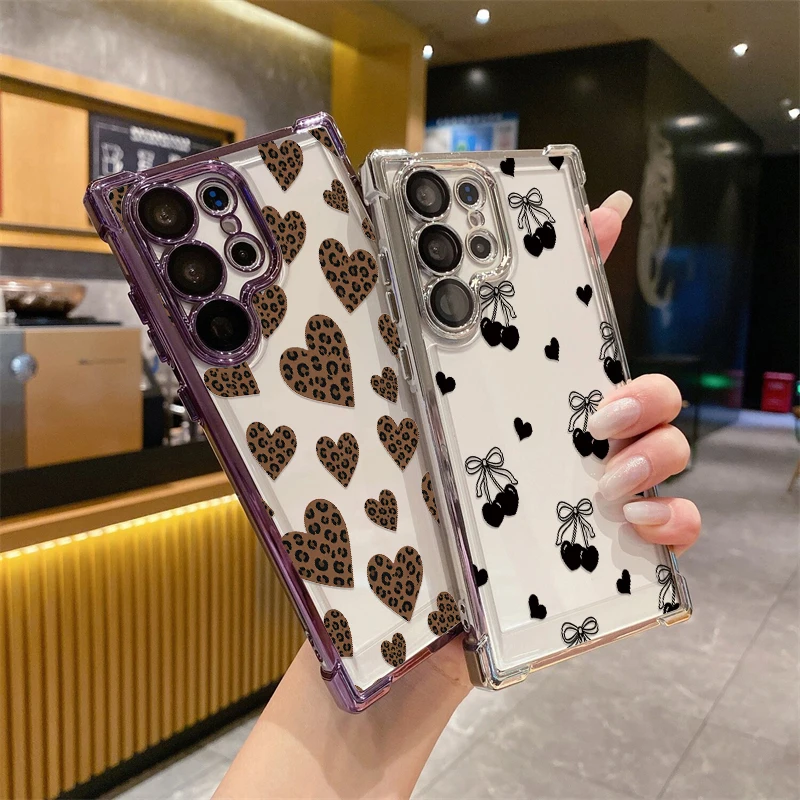 Slim Lightweight Silicone Phone Case For Samsung Galaxy S23 Ultra S22 Plus S21 FE S20 Heart-Shaped Leopard Shockproof Cases Etui view 3
