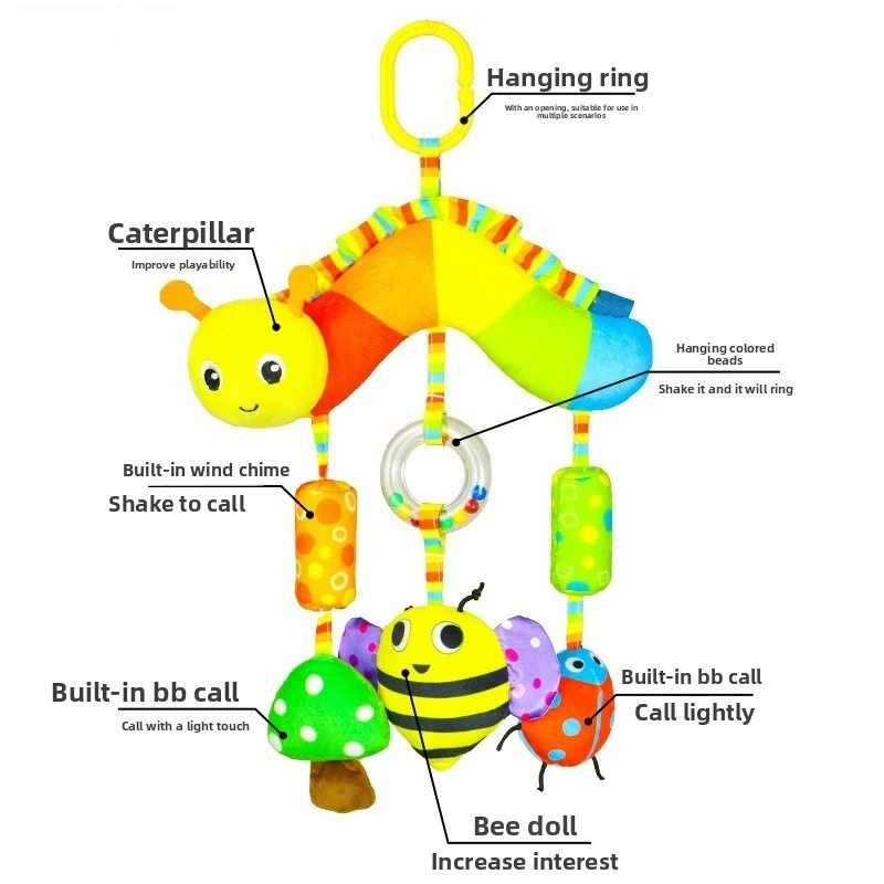 Colorful Baby Stroller Toy, Cartoon Animal Wind Chime Car Hanging Baby Sleep Bed Decoration Soothing Toy with Hanging Loop