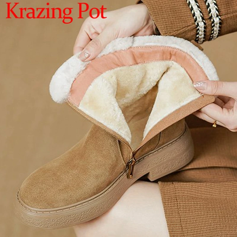 Krazing Pot Cow Suede Med Heels Cold Resistance Fur Thick Bottom Snow Boots Round Toe Superstar Leisure Ins Zipper Ankle Boots