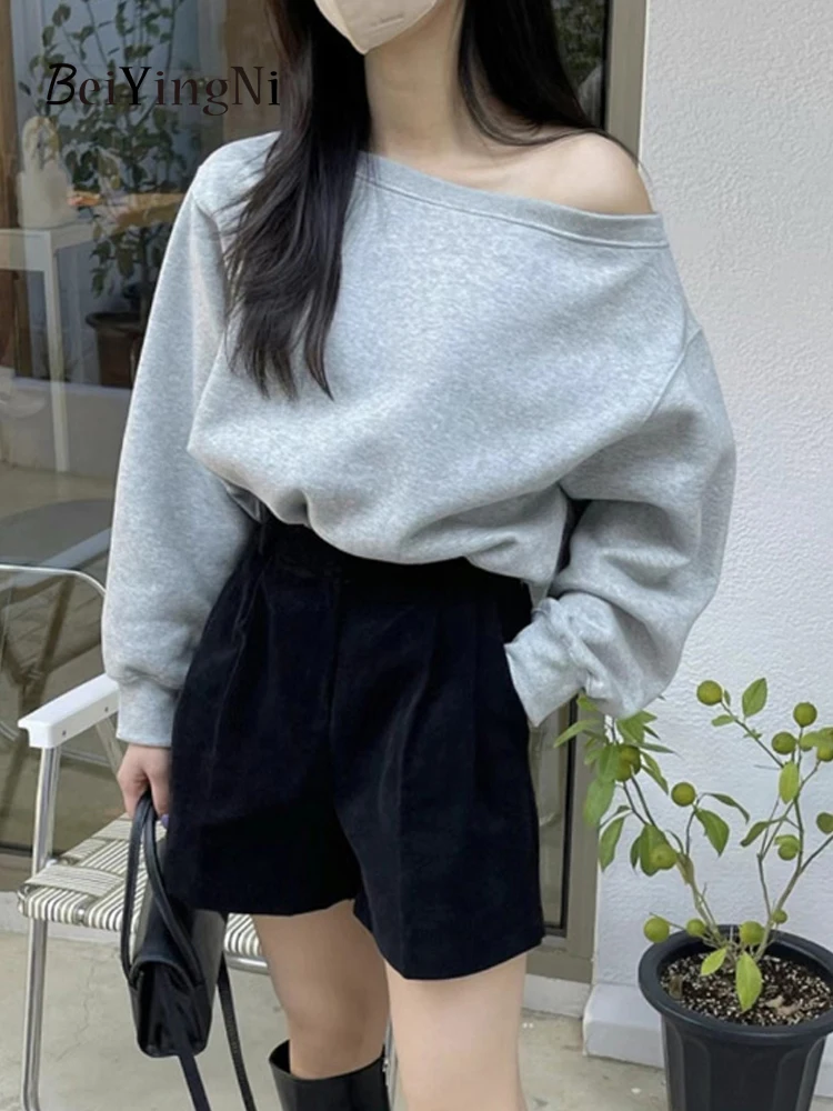 Beiyingni Y2K Hoodies Women Sexy Off Shoulder Loose Oversized Crop Tops Female Casual White Hoody Chic Korean Winter Sweatshirts