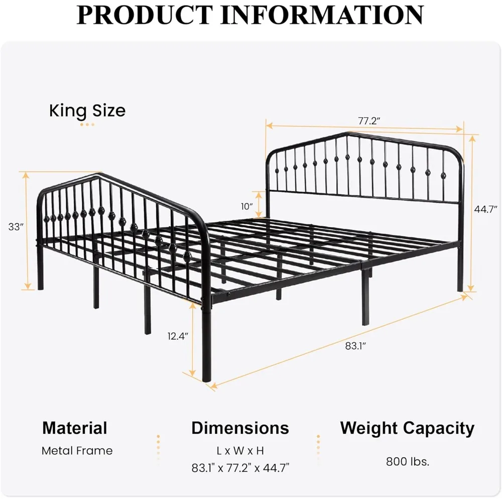 King Size  Bed Frame with Victorian Style Wrought Iron-Art Headboard/Footboard, Metal Platform Bed Frame