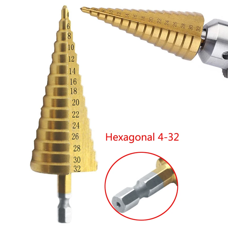 4 -32mm Wiertła sześciokątne HSS z powłoką tytanową Wiertła sześciokątne ze stali szybkotnącej Zestaw wierteł stopniowych Otwór stożkowy Frez do drewna Stożek metryczny