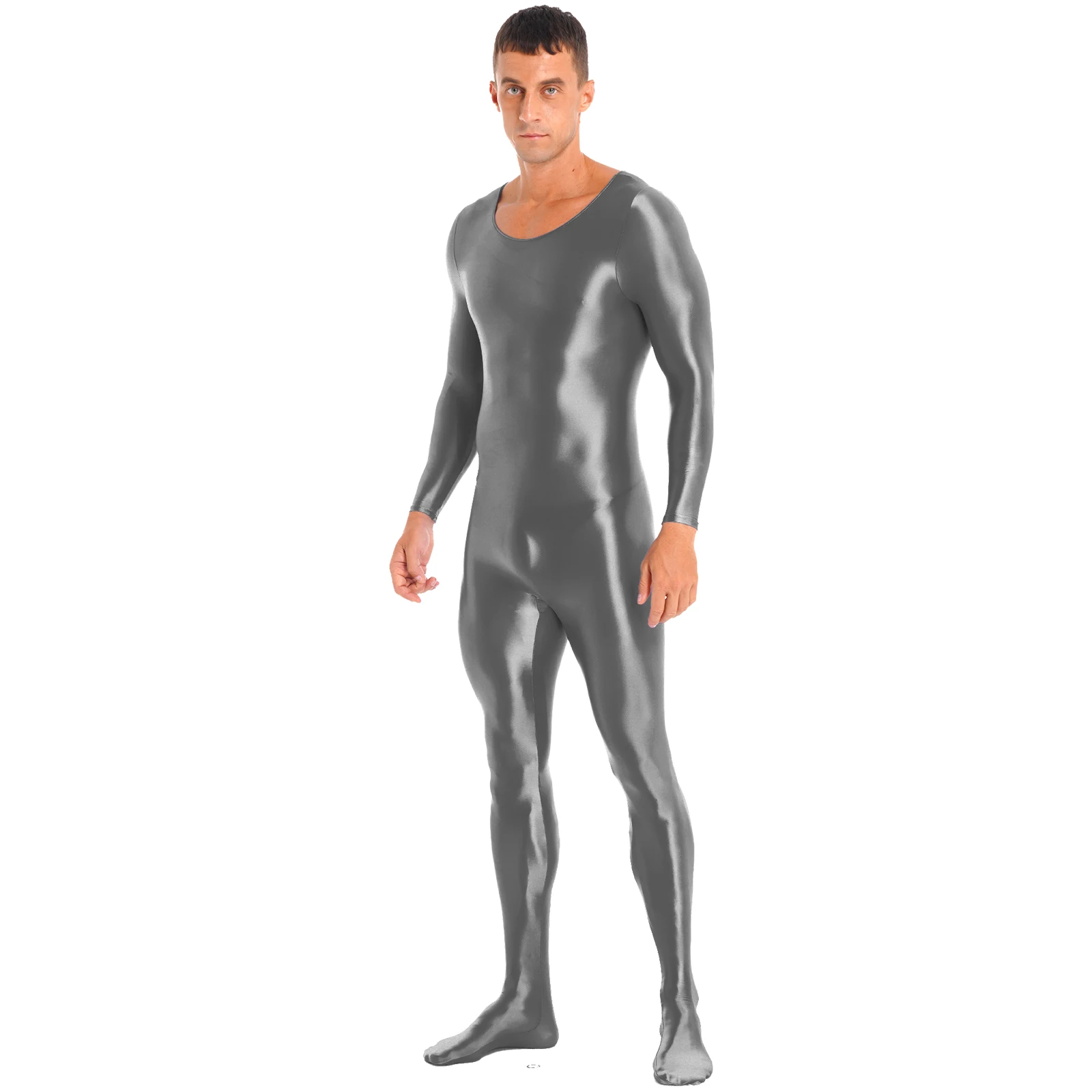 Mens Bodystocking Underwear Smooth Long Sleeve Solid Color Round Neck Bodysuit Pantyhose Nightwear Yoga Sports Fitness Tights