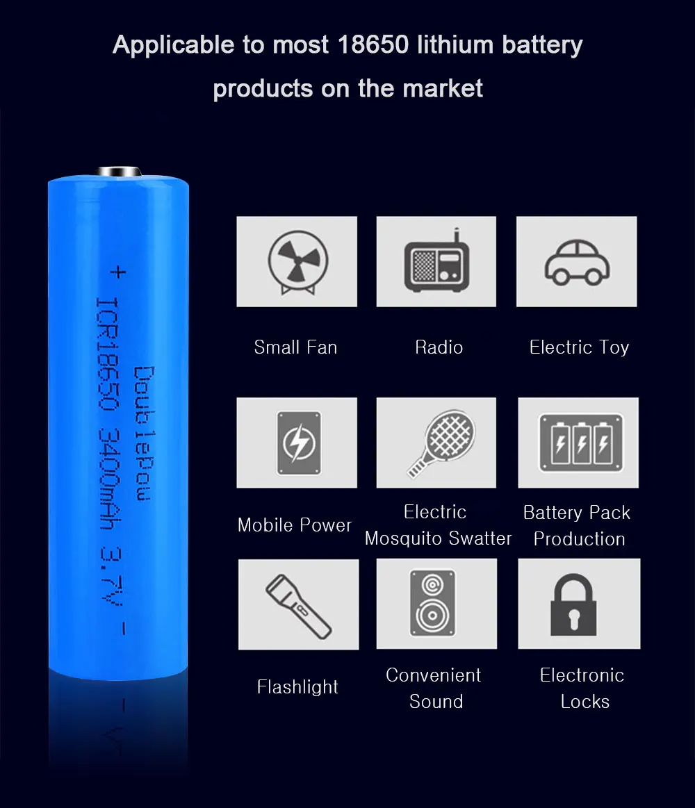 Doublepow sufficient Capacity 18650 battery 3.7v 3400mah  rechargeable lithium battery for flashlight batteries