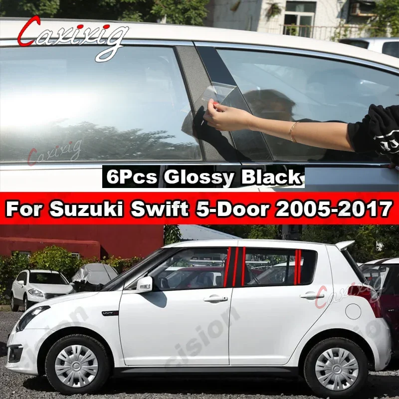 Glossy Black Carbon Fiber Car Window Door Column BC Pillar Post Cover Trim PC Material Sticker For Suzuki Swift 5-Door 2005-2016