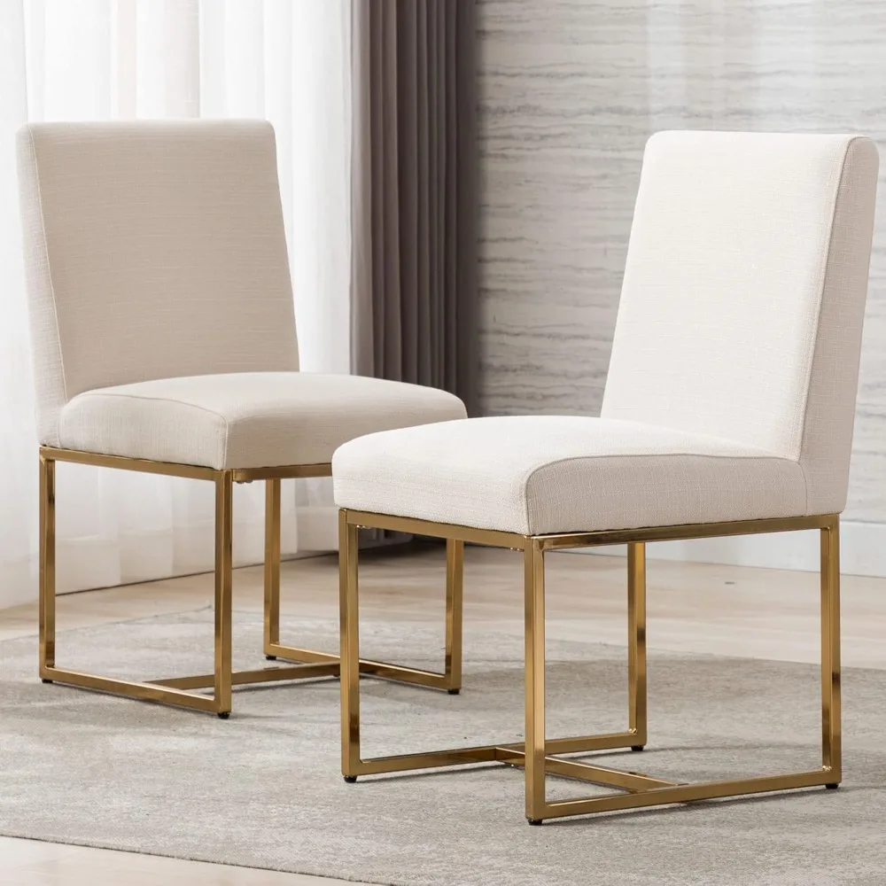 

Linen Upholstered Dining Chairs Set of 2, Mid Century Modern Padded Chair with Gold Metal Frame for Restaurant, Dining Room, Ki
