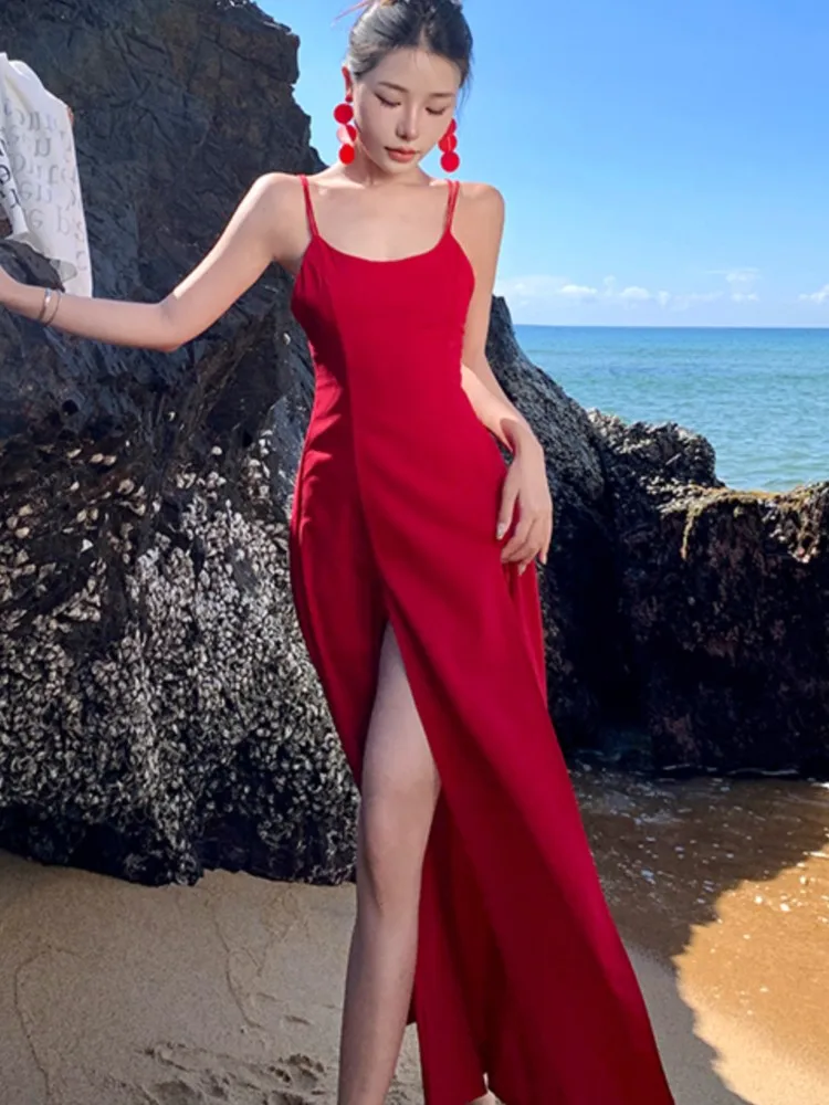 

Sexy Pleated Silk Fashionable Slimming Split Dresses Photography Supernatural Desert Open-Back Dress Women Elegant Long New 2025