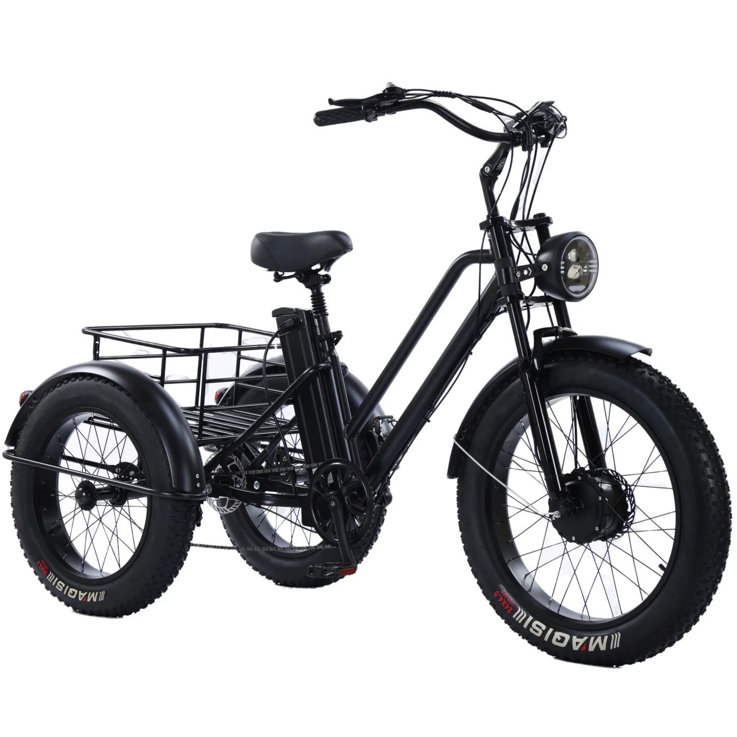 Vélo cargo électrique tout-terrain à trois roues, pneus larges de 20 pouces pour la neige, moteur sans balais de 500 W, batterie lithium amovible 48 V 20 Ah, système de frein à disque, grand panier de rangement arrière, idéal pour la livraison quotidienne, les loisirs en plein air et les courses en famille.