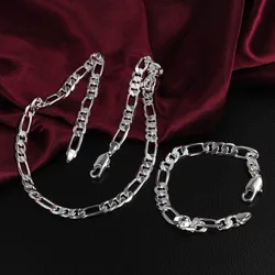 925 Sterling Silver 2pcs 8MM 18/20/22/24 Inches Figaro Chain Bracelet Necklace Man Woman Fashion Wedding Gift Jewelry Accessorie