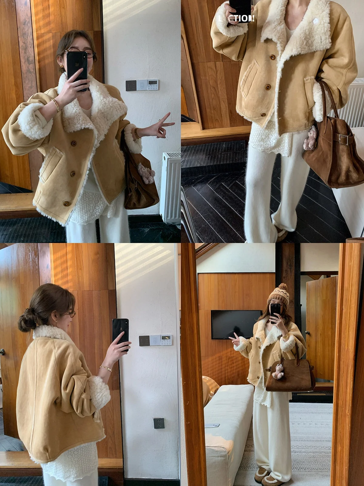 MUKOK Cappotto Corto in Pelliccia di Agnello Ecologica, Colore a Contrasto, in Pelle e Pelliccia Integrate, Moda Donna