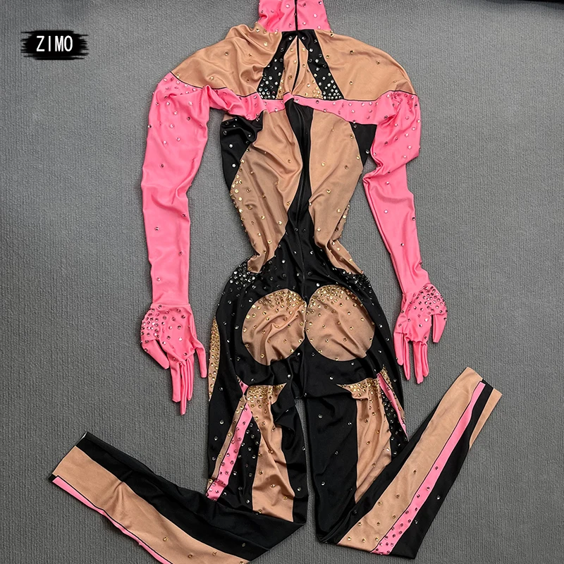 Sexy Pink Crystal Jumpsuit women Nightclub Print Leotard Dance Costume Birthday Party Pole DJ Bar Singer Stage Show Clothing