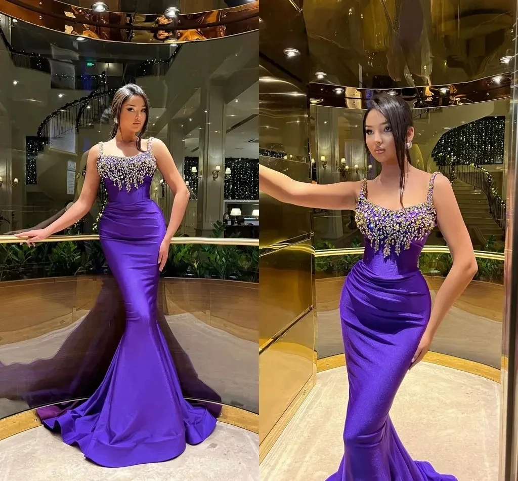 Elegant Plus Size Purple Mermaid Evening Dresses Long For Women Spaghetti Straps Beaded Crystals Floor Length Prom Dress Birthda