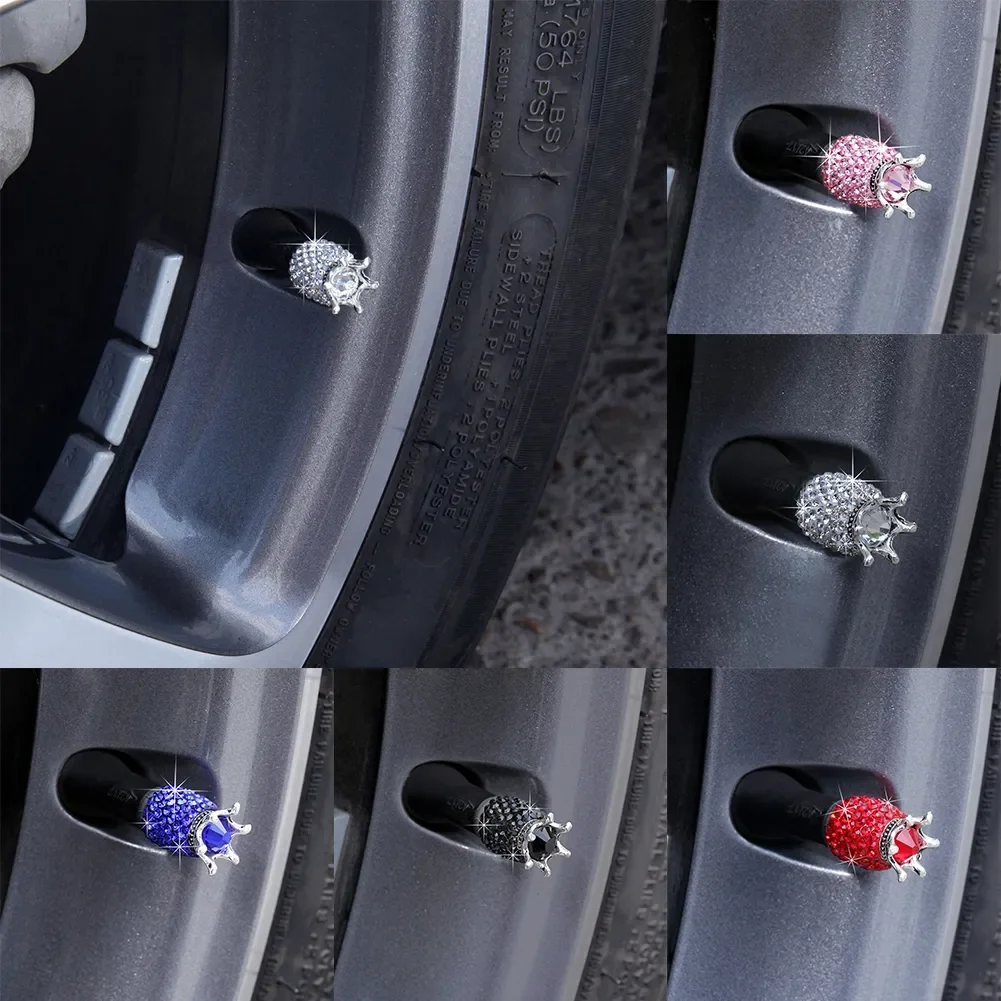 4Pcs Crown Bling Diamond Crystal Wheel Caps Rhinestone Clay ABS Car Tires Valves Tyre Stem Air Valve Caps Airtight Cover Bling