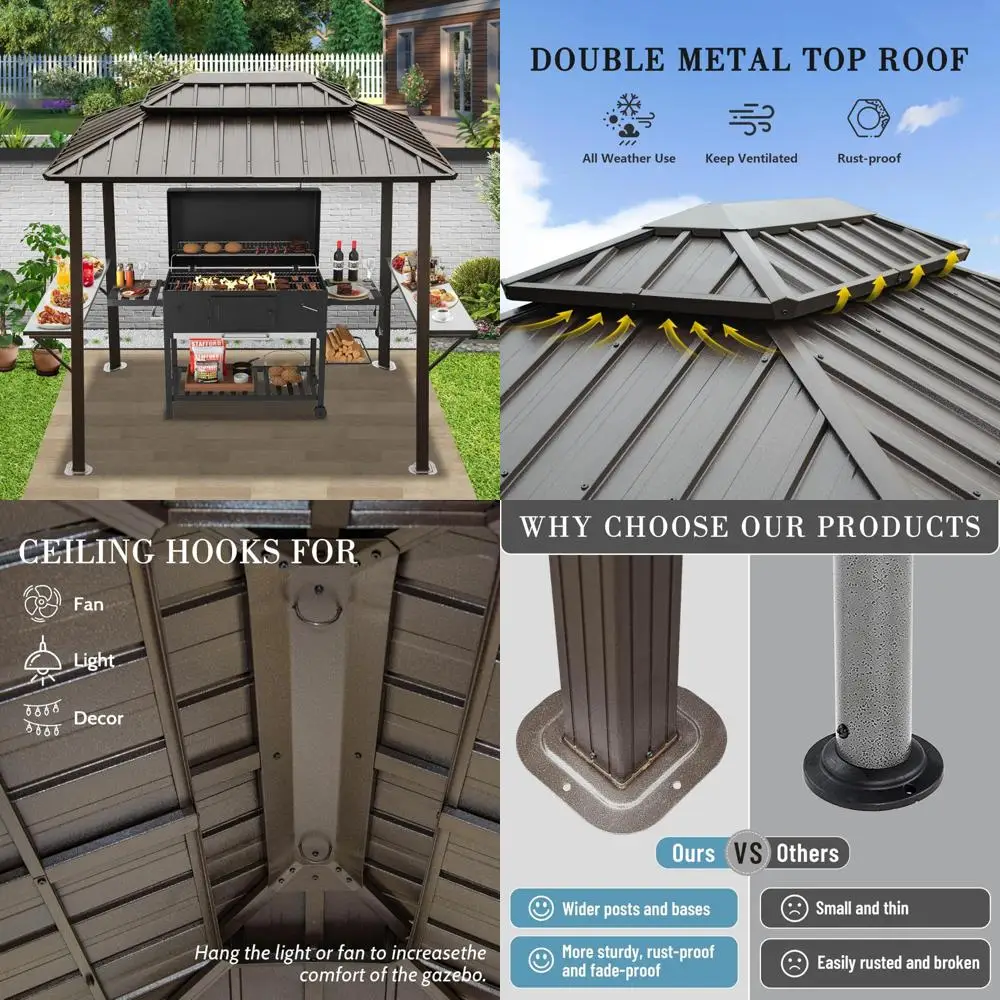 

Алюминиевая уличная беседка для барбекю размером 8 x 6 футов, солнцезащитным козырьком на двойной крыше и боковыми полками