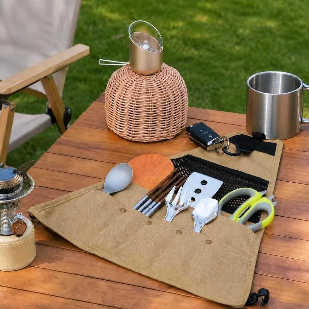 900D Oxford Fabric Camping Storage Bag Triangular Hanging Loop Utensil Storage Bag Multi-Pocket Tableware Organizer Grilling