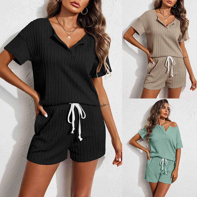 Women Pajama Sets Home Clothes Pyjamas Short Sleeve Tops Shorts Sleepwear 2 Pieces Woman Soft and Comfortable Loungewear Pijama